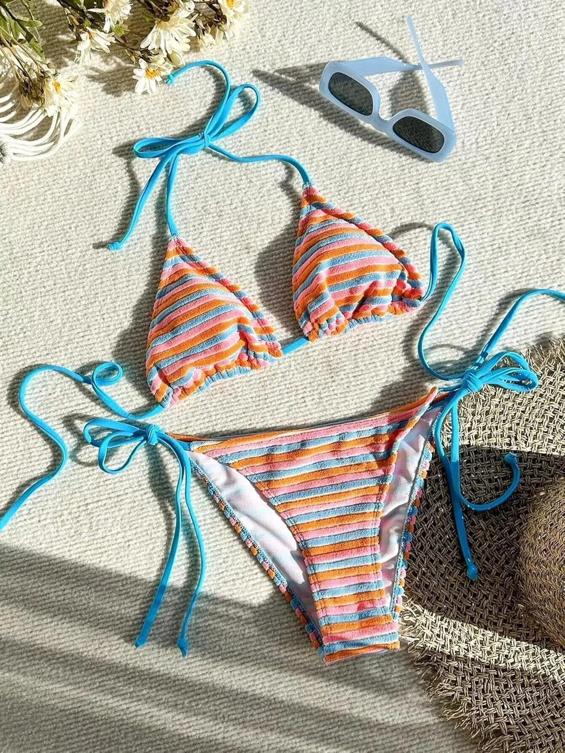 Women's Striped Knot Bathing Suit High Waisted Halter Triangle Swimsuit Bikini Set