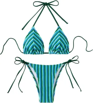 Women's Striped Knot Bathing Suit High Waisted Halter Triangle Swimsuit Bikini Set
