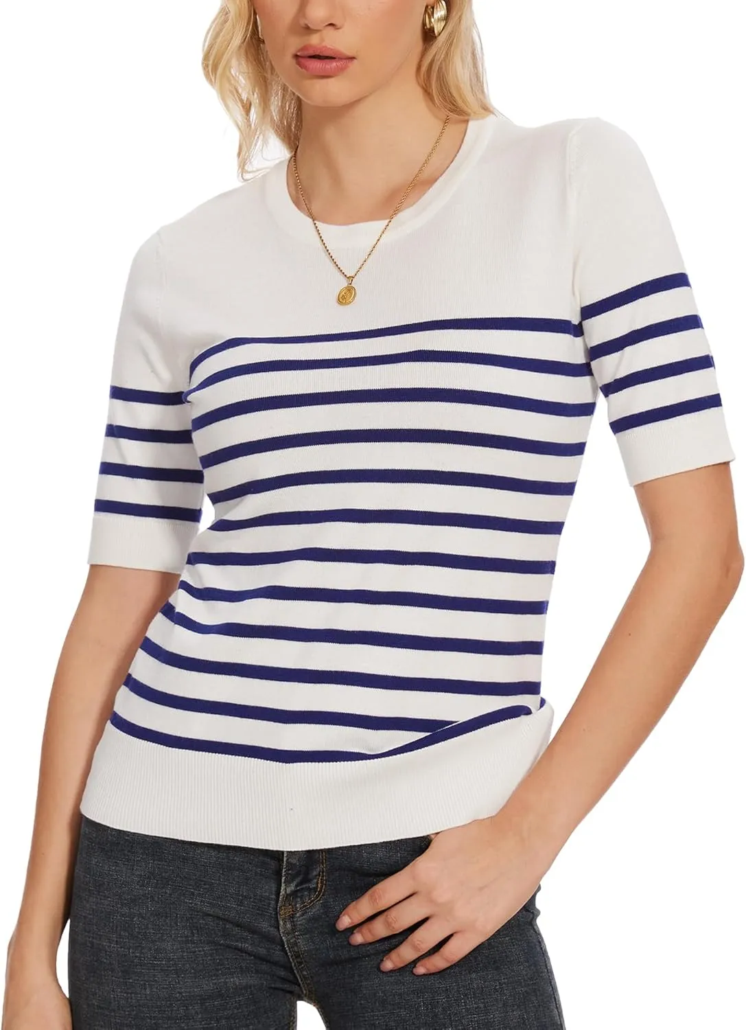 Women's Striped Tops Short Sleeve Crew Neck Knit Shirts Casual Pullover Sweater S-XXL