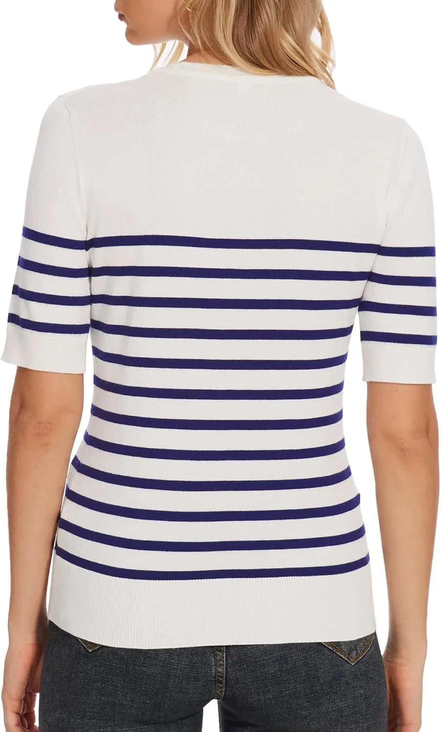 Women's Striped Tops Short Sleeve Crew Neck Knit Shirts Casual Pullover Sweater S-XXL