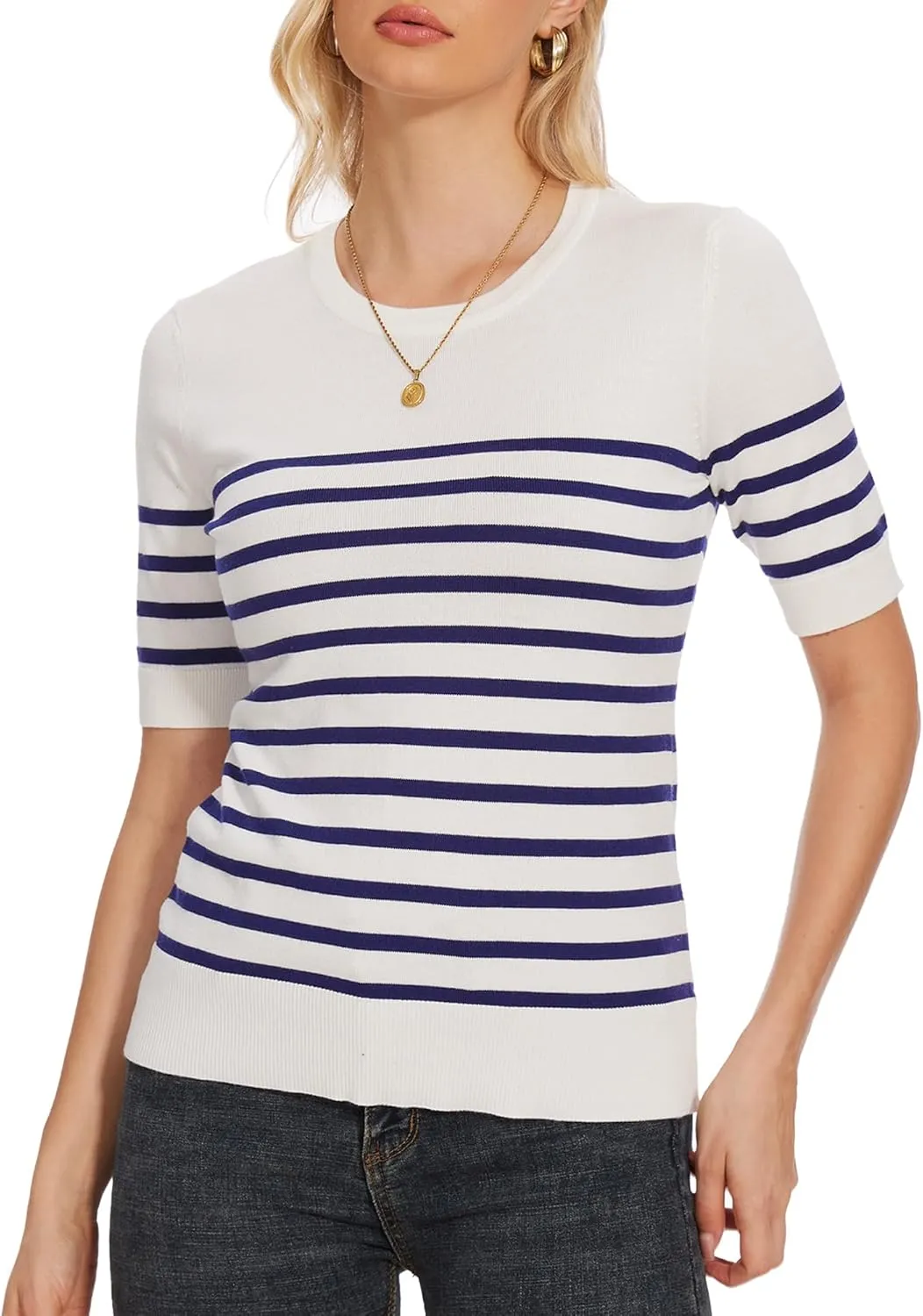 Women's Striped Tops Short Sleeve Crew Neck Knit Shirts Casual Pullover Sweater S-XXL