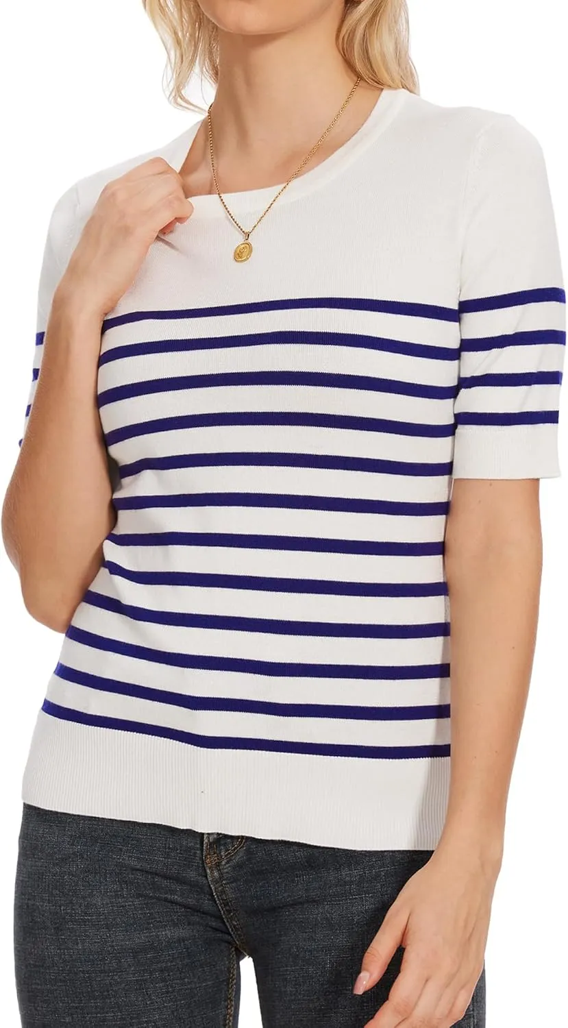 Women's Striped Tops Short Sleeve Crew Neck Knit Shirts Casual Pullover Sweater S-XXL