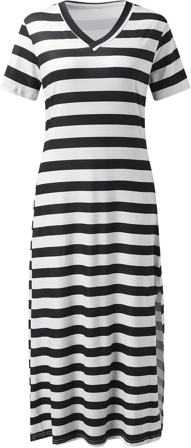 Women's V Neck Short Sleeve Midi Dresses Striped Graphic Print Sun Dresses Loose Casual Summer Dress
