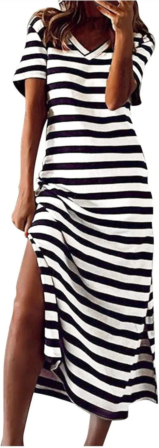 Women's V Neck Short Sleeve Midi Dresses Striped Graphic Print Sun Dresses Loose Casual Summer Dress