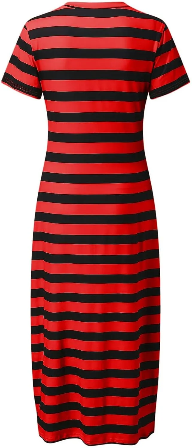 Women's V Neck Short Sleeve Midi Dresses Striped Graphic Print Sun Dresses Loose Casual Summer Dress