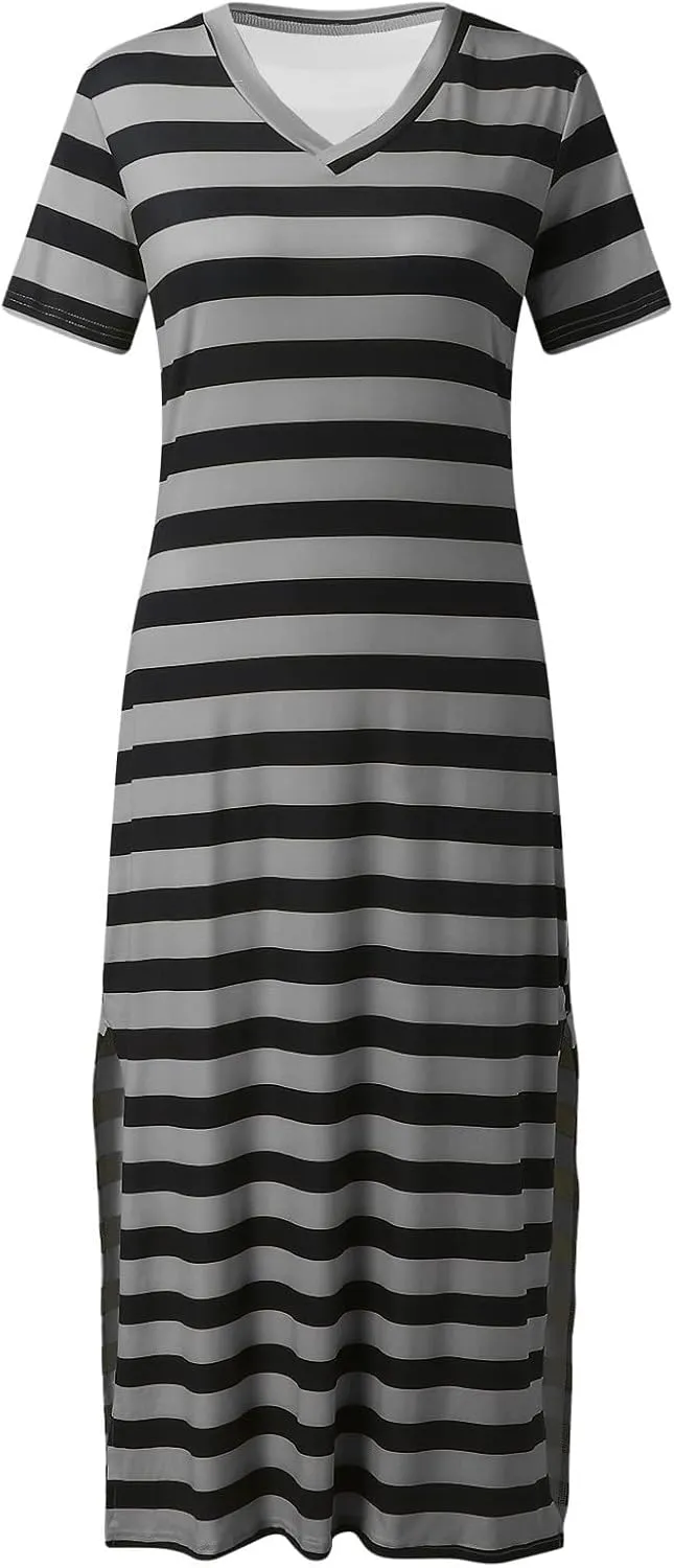 Women's V Neck Short Sleeve Midi Dresses Striped Graphic Print Sun Dresses Loose Casual Summer Dress