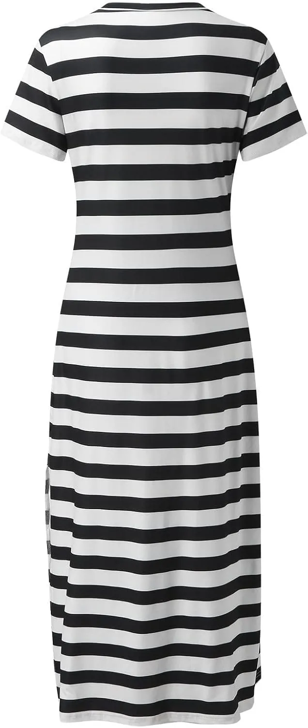 Women's V Neck Short Sleeve Midi Dresses Striped Graphic Print Sun Dresses Loose Casual Summer Dress