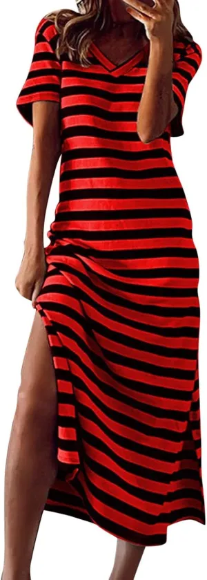 Women's V Neck Short Sleeve Midi Dresses Striped Graphic Print Sun Dresses Loose Casual Summer Dress