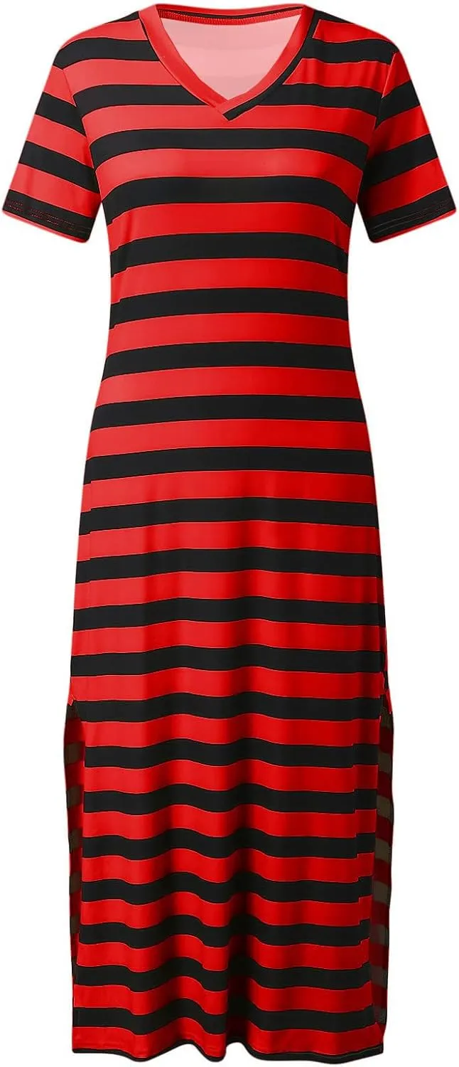 Women's V Neck Short Sleeve Midi Dresses Striped Graphic Print Sun Dresses Loose Casual Summer Dress