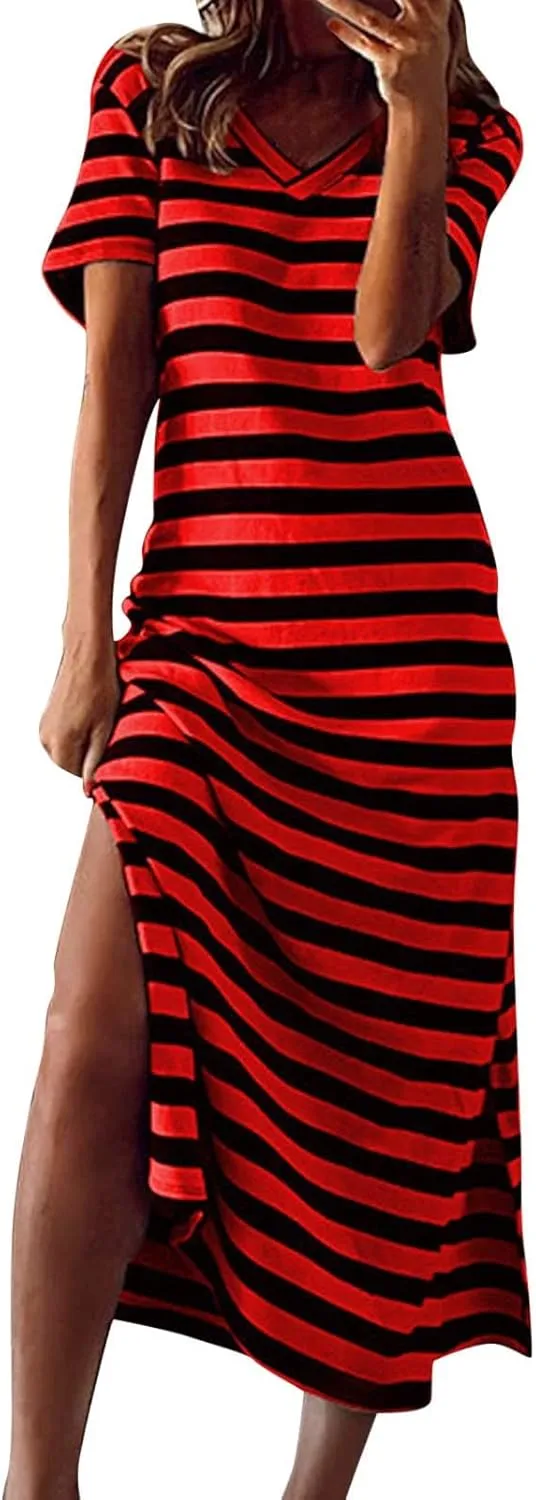 Women's V Neck Short Sleeve Midi Dresses Striped Graphic Print Sun Dresses Loose Casual Summer Dress