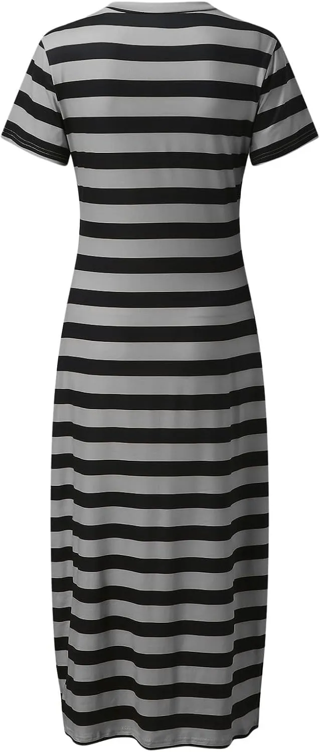 Women's V Neck Short Sleeve Midi Dresses Striped Graphic Print Sun Dresses Loose Casual Summer Dress