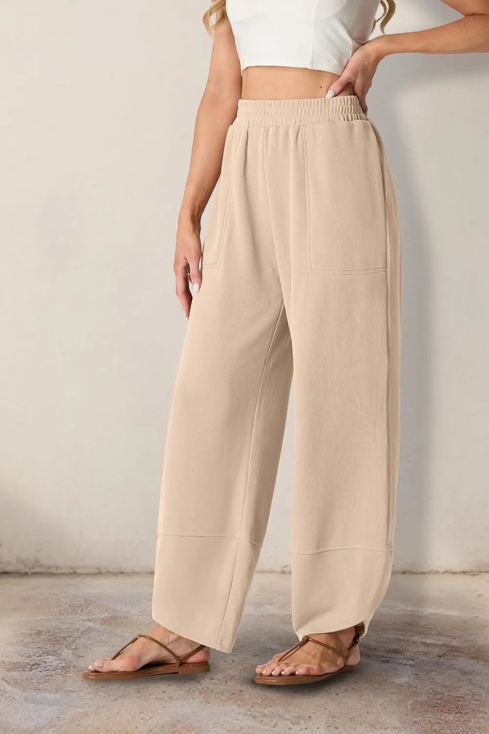 Womens Wide Leg Harem Pants Casual Loose Elastic Waist Solid Color Comfy Palazzo Lounge Baggy Sweatpants with Pockets