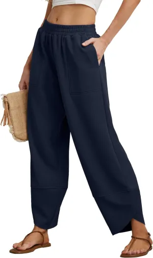 Womens Wide Leg Harem Pants Casual Loose Elastic Waist Solid Color Comfy Palazzo Lounge Baggy Sweatpants with Pockets