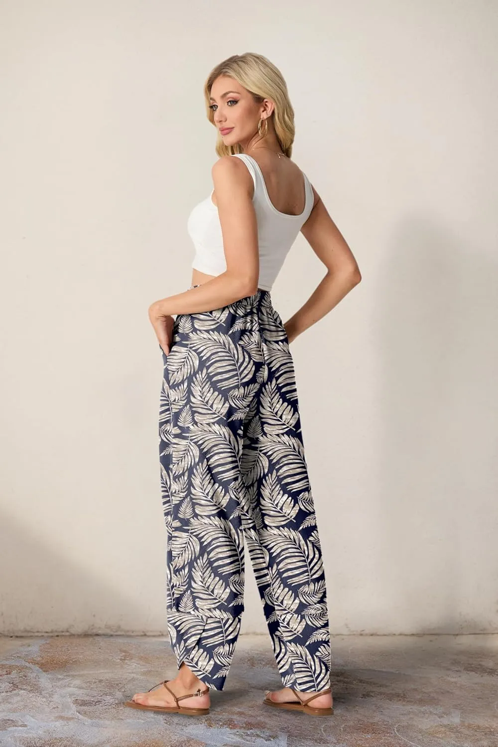Womens Wide Leg Harem Pants Casual Loose Elastic Waist Solid Color Comfy Palazzo Lounge Baggy Sweatpants with Pockets