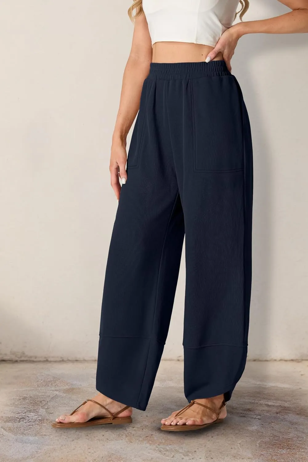 Womens Wide Leg Harem Pants Casual Loose Elastic Waist Solid Color Comfy Palazzo Lounge Baggy Sweatpants with Pockets