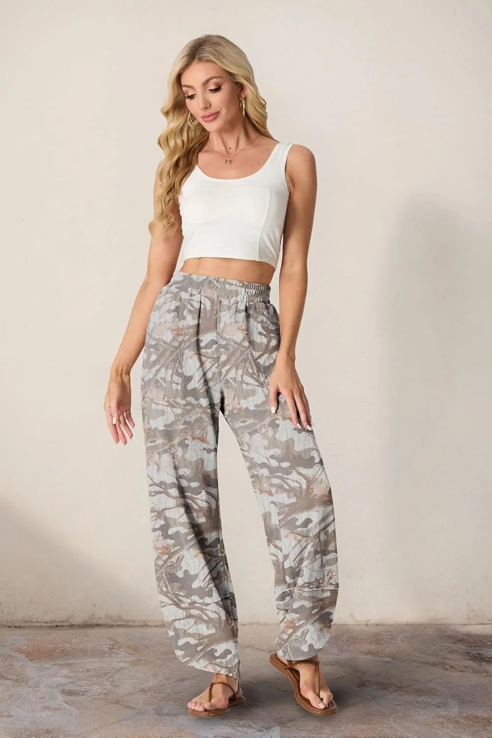 Womens Wide Leg Harem Pants Casual Loose Elastic Waist Solid Color Comfy Palazzo Lounge Baggy Sweatpants with Pockets