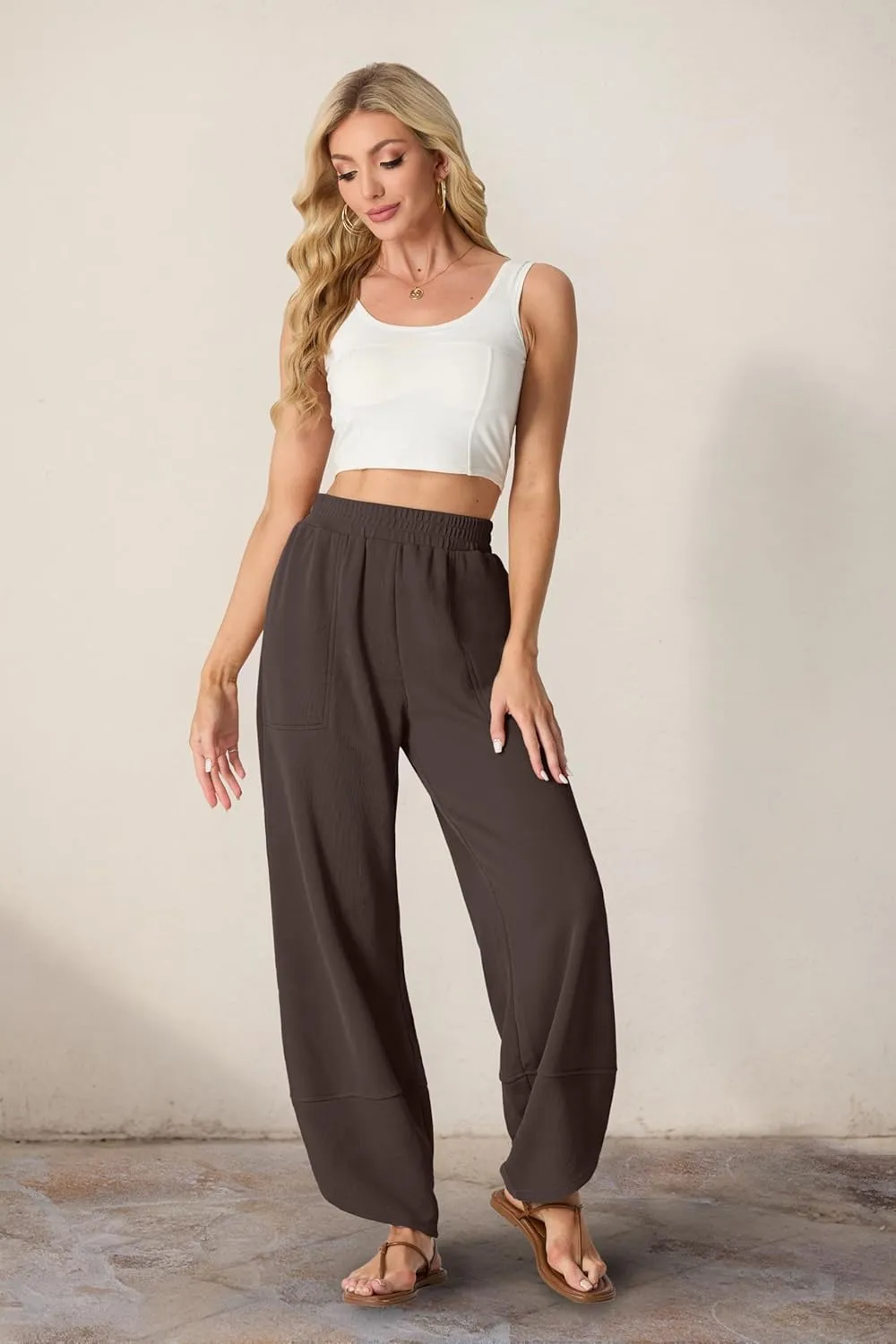 Womens Wide Leg Harem Pants Casual Loose Elastic Waist Solid Color Comfy Palazzo Lounge Baggy Sweatpants with Pockets