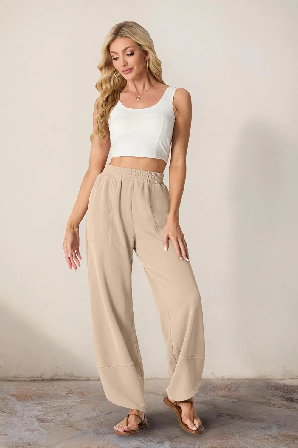 Womens Wide Leg Harem Pants Casual Loose Elastic Waist Solid Color Comfy Palazzo Lounge Baggy Sweatpants with Pockets
