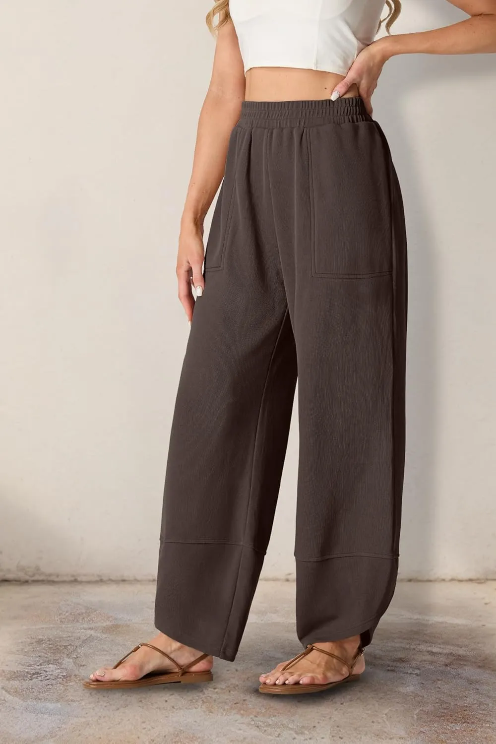 Womens Wide Leg Harem Pants Casual Loose Elastic Waist Solid Color Comfy Palazzo Lounge Baggy Sweatpants with Pockets