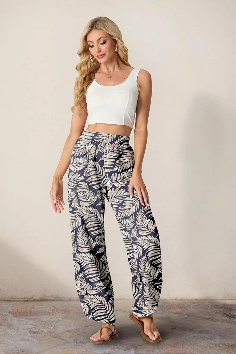 Womens Wide Leg Harem Pants Casual Loose Elastic Waist Solid Color Comfy Palazzo Lounge Baggy Sweatpants with Pockets