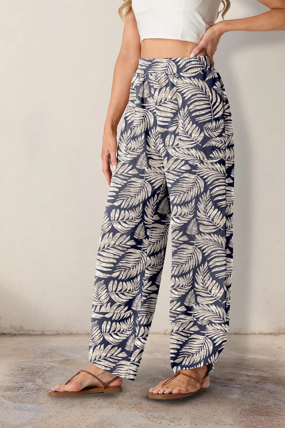 Womens Wide Leg Harem Pants Casual Loose Elastic Waist Solid Color Comfy Palazzo Lounge Baggy Sweatpants with Pockets