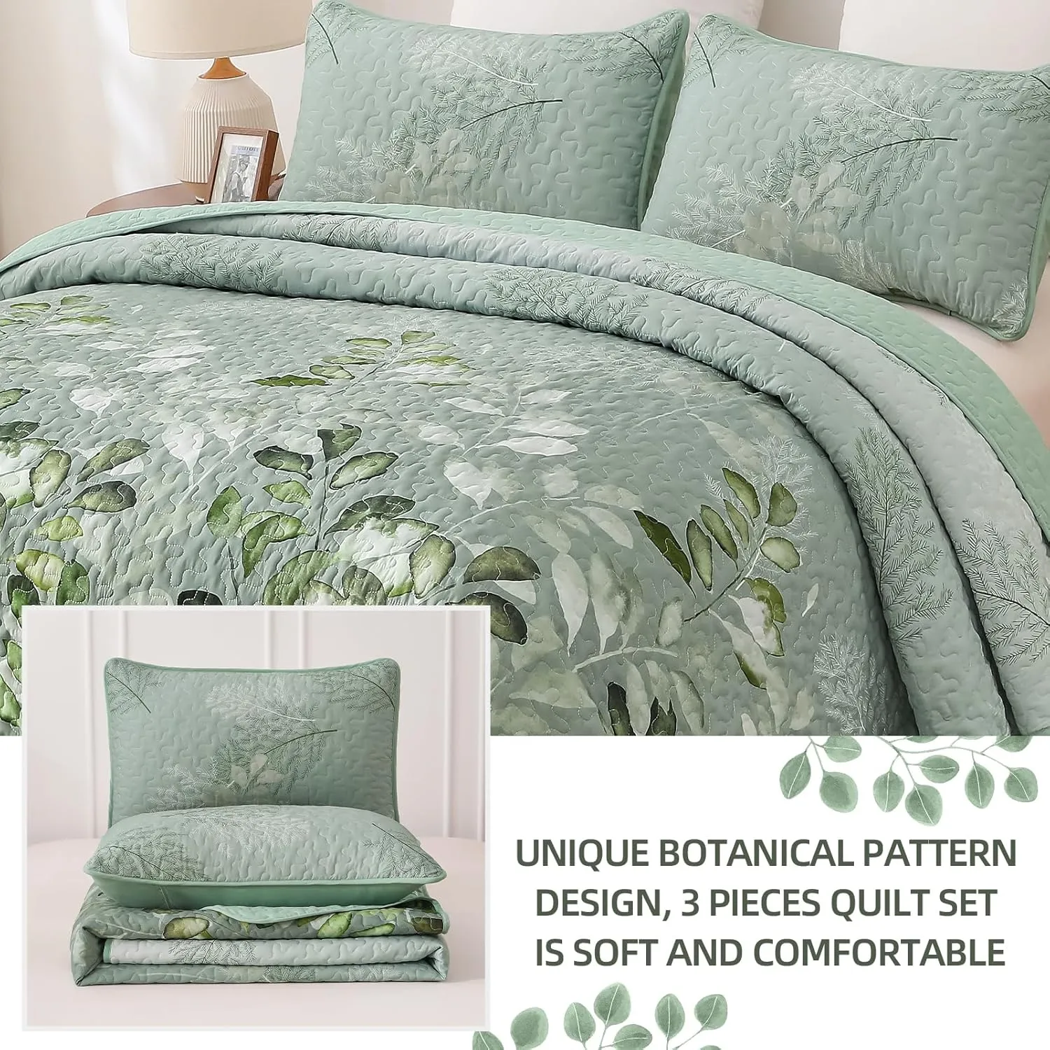 WONGS BEDDING Green Quilt Set King Size,3 Pieces Green Floral Bedspread Coverlet Set, Soft Microfiber Lightweight Floral Bedding Set King 104"×90"