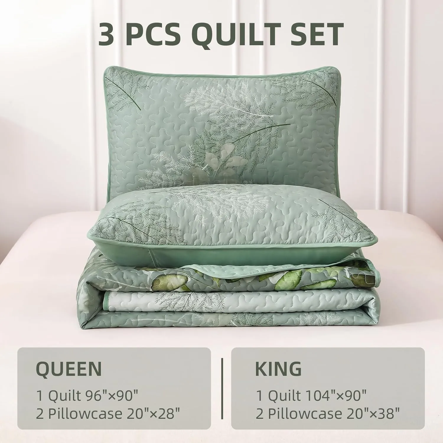 WONGS BEDDING Green Quilt Set King Size,3 Pieces Green Floral Bedspread Coverlet Set, Soft Microfiber Lightweight Floral Bedding Set King 104"×90"