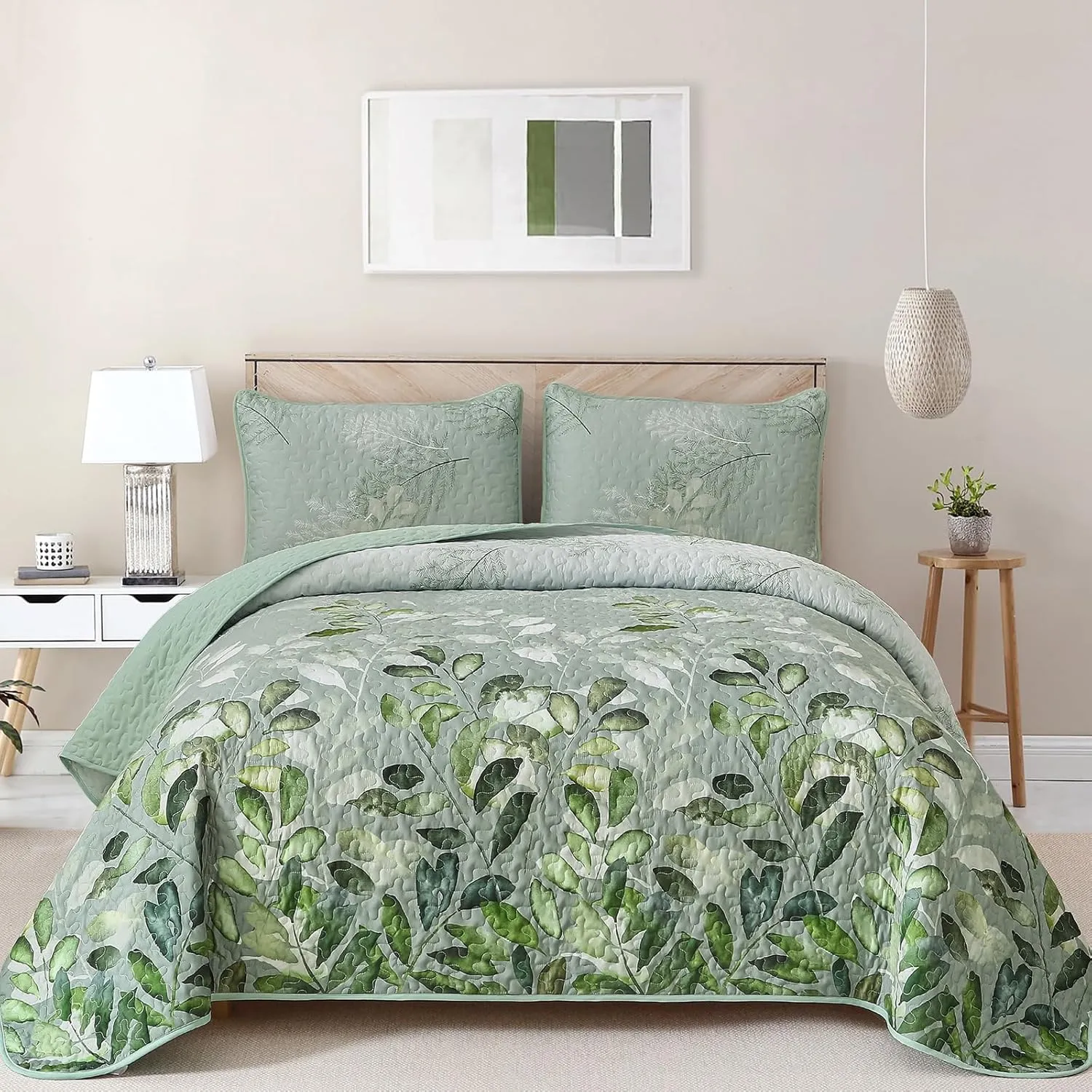 WONGS BEDDING Green Quilt Set King Size,3 Pieces Green Floral Bedspread Coverlet Set, Soft Microfiber Lightweight Floral Bedding Set King 104"×90"