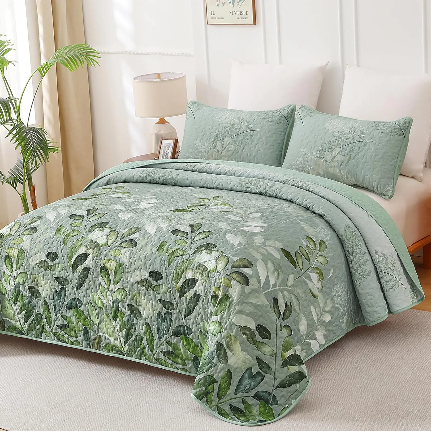 WONGS BEDDING Green Quilt Set King Size,3 Pieces Green Floral Bedspread Coverlet Set, Soft Microfiber Lightweight Floral Bedding Set King 104"×90"