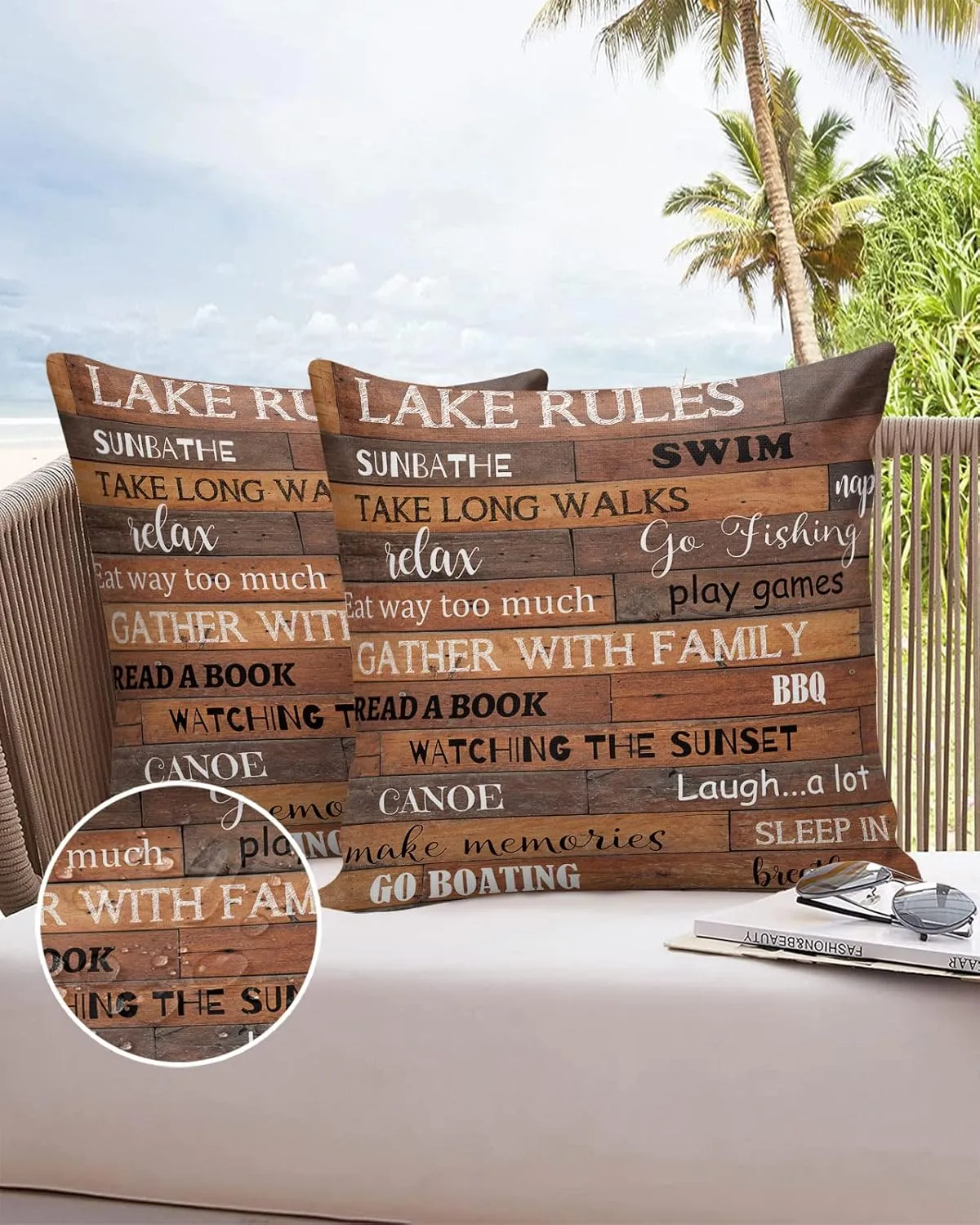 Wood Grain Pack of 2 Soft Decorative Throw Pillow Covers, Cushion Cases Waterproof Pillowcases for Couch Sofa Bedroom Car 18x18 Inch, Lakeside Rules Swimming Fishing