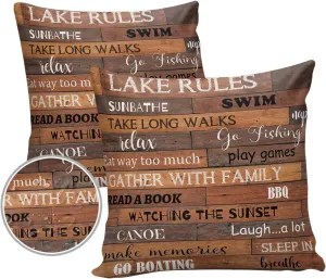 Wood Grain Pack of 2 Soft Decorative Throw Pillow Covers, Cushion Cases Waterproof Pillowcases for Couch Sofa Bedroom Car 18x18 Inch, Lakeside Rules Swimming Fishing
