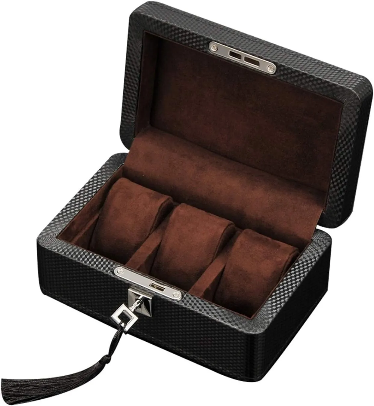 Wooden Watch Box Nordic Simple Mens Mechanical Watch Holder Organizer Collection Storage Box with Lock, Carbon Fiber Grain Leather Watch Display Cases for Women(Brown B)