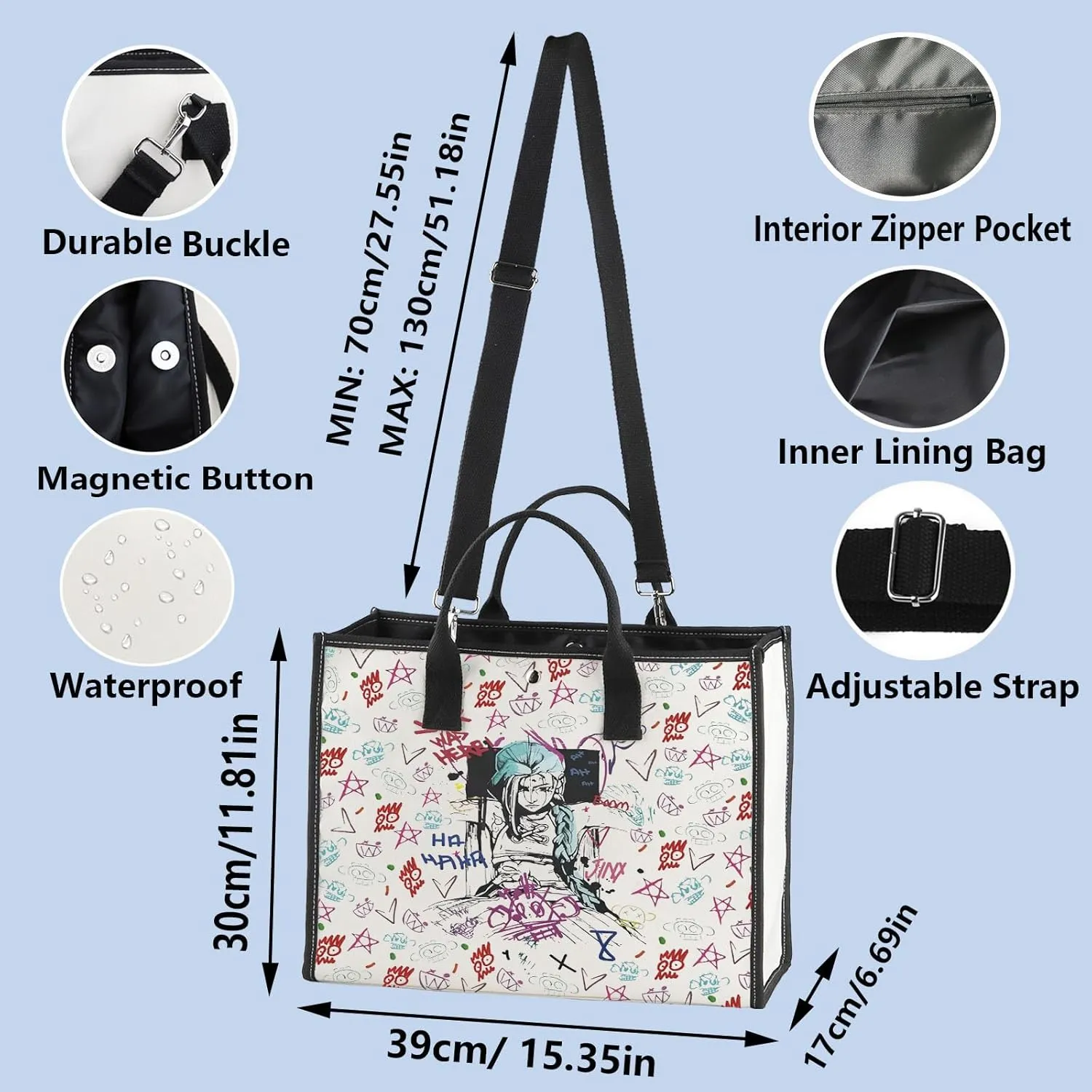 WZMPA Jinx & Vi Movie Tote Bag Jinx & Caitlyn Player Gift Jinx Was Here Shopping Grocery Bag Jinx & Silco Merch