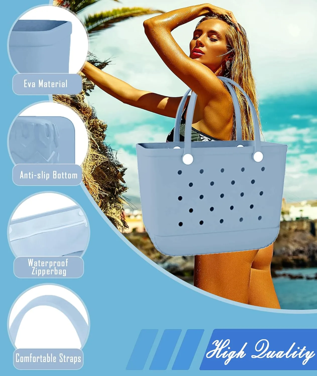 X-Large Rubber Beach Bag Tote Waterproof Tote Bag with Zipper Pocket Modern Travel Tote Bag Sports Beach