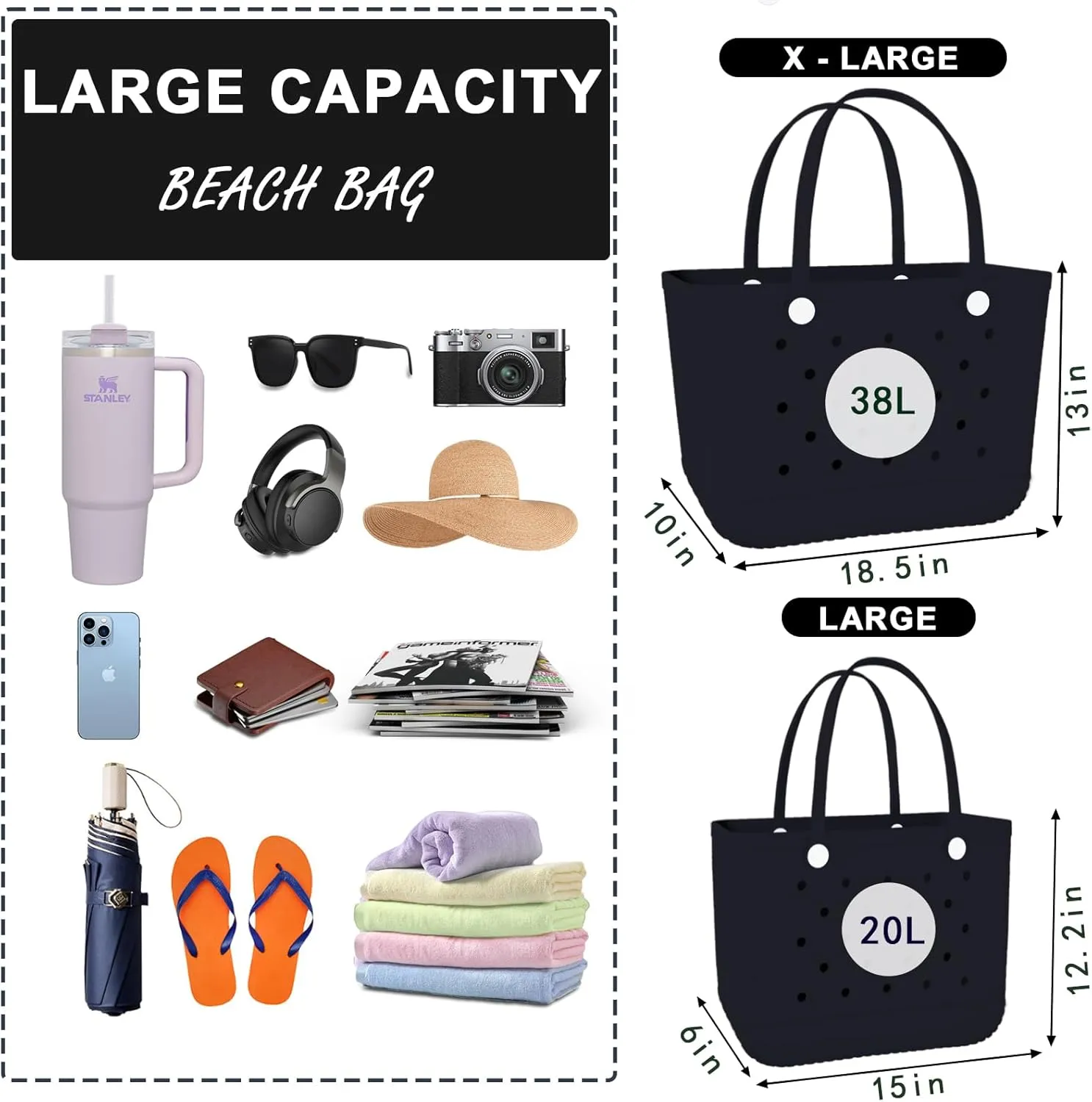 X-Large Rubber Beach Bag Tote Waterproof Tote Bag with Zipper Pocket Modern Travel Tote Bag Sports Beach