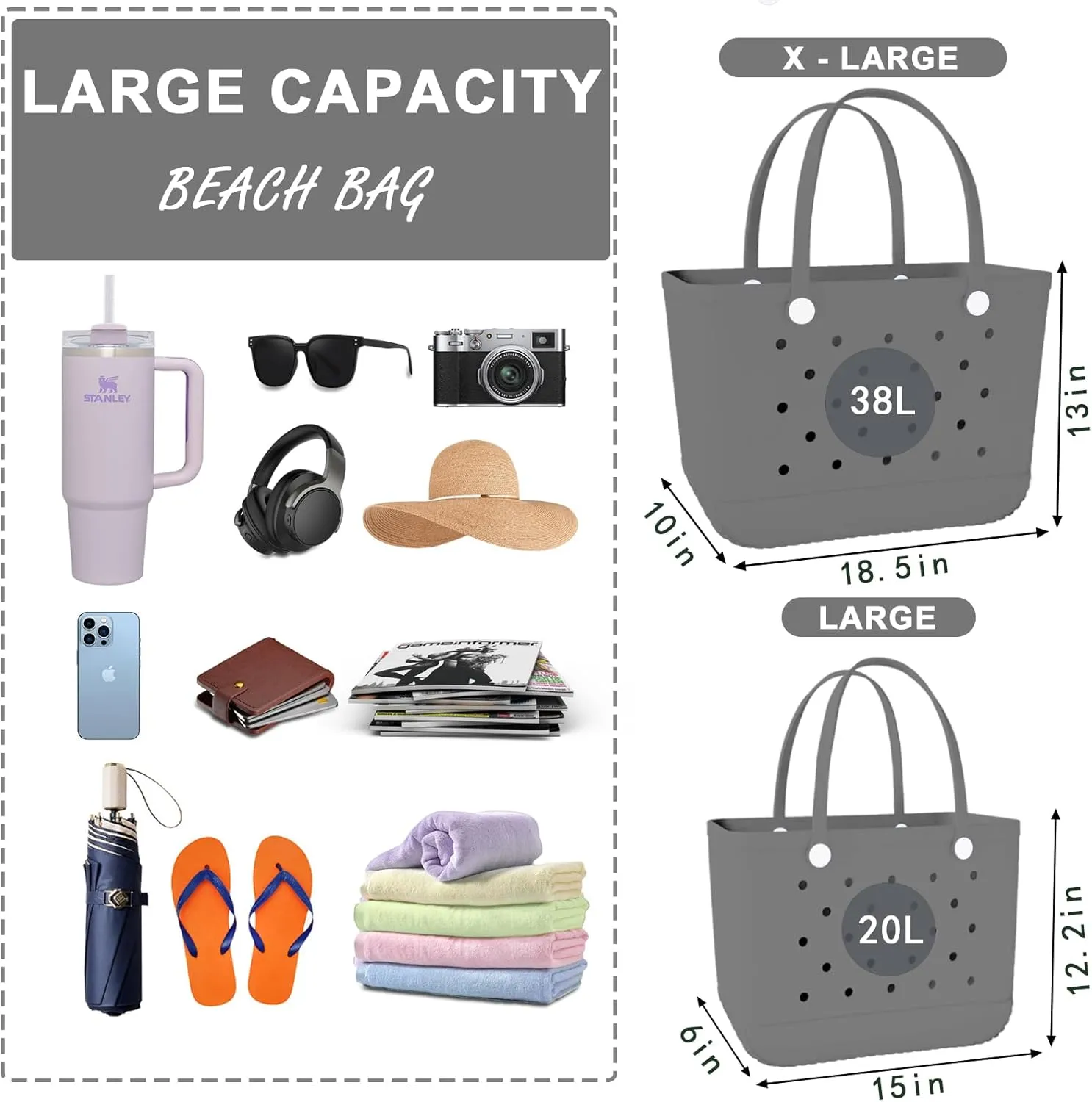 X-Large Rubber Beach Bag Tote Waterproof Tote Bag with Zipper Pocket Modern Travel Tote Bag Sports Beach