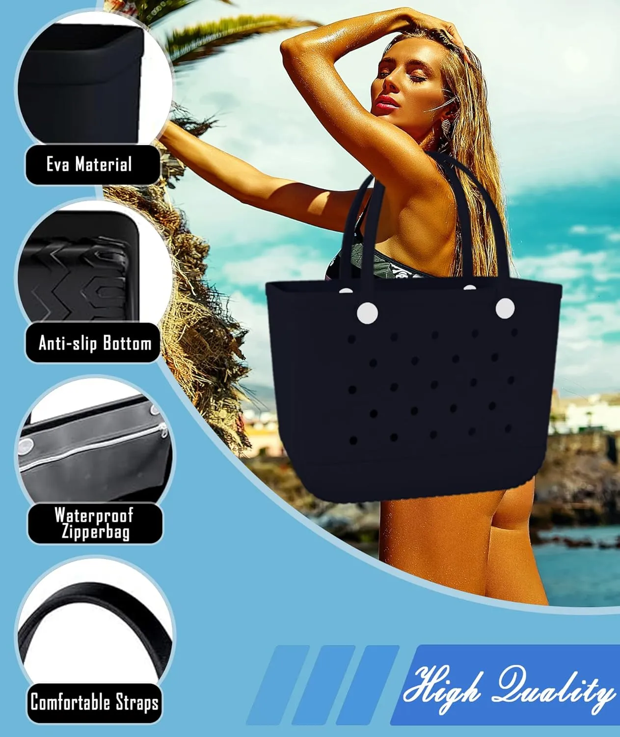 X-Large Rubber Beach Bag Tote Waterproof Tote Bag with Zipper Pocket Modern Travel Tote Bag Sports Beach