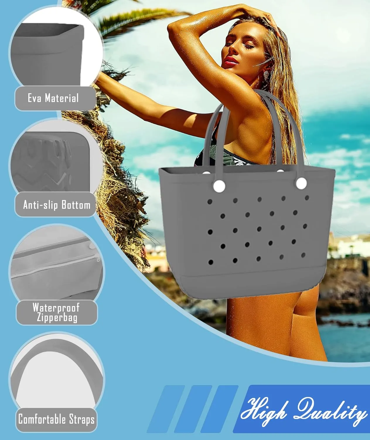 X-Large Rubber Beach Bag Tote Waterproof Tote Bag with Zipper Pocket Modern Travel Tote Bag Sports Beach