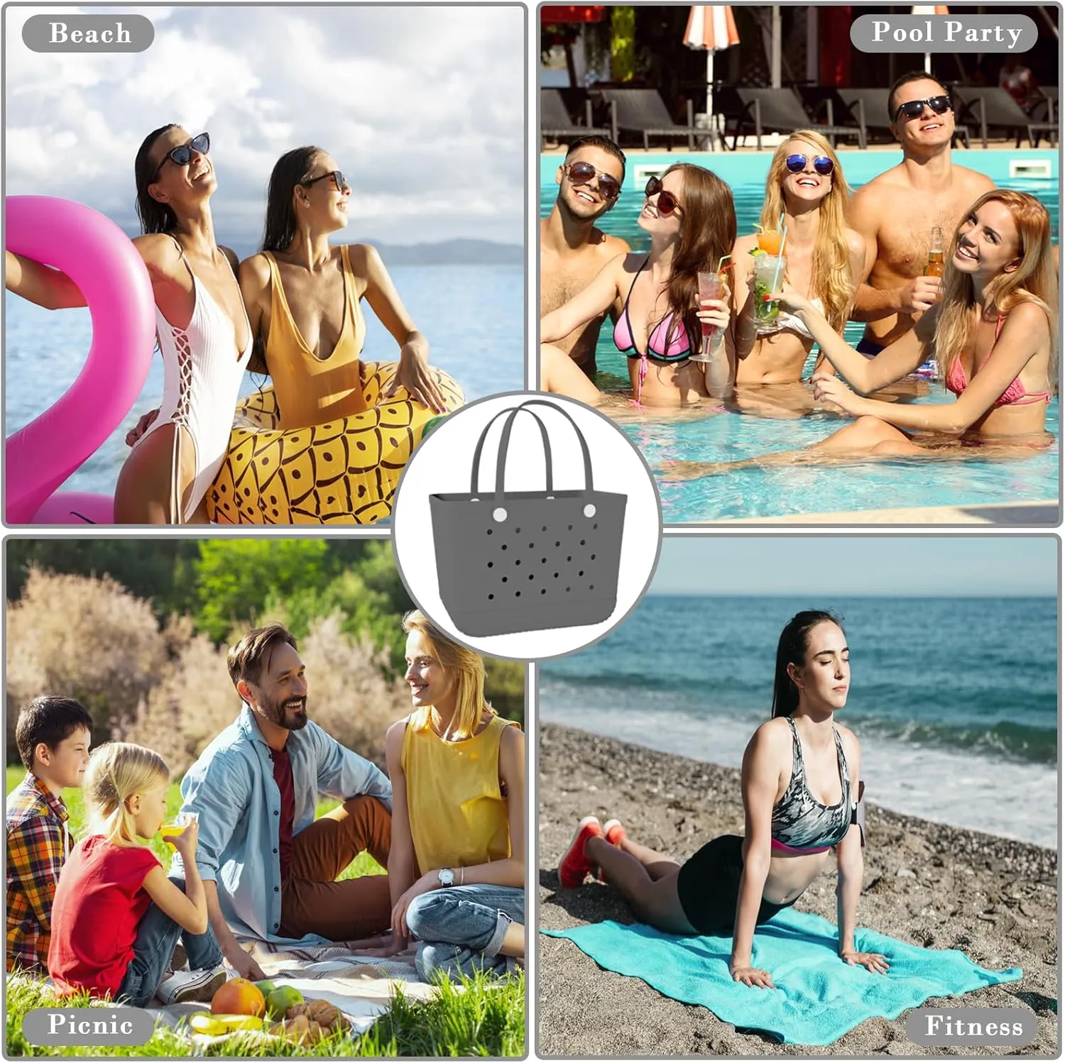 X-Large Rubber Beach Bag Tote Waterproof Tote Bag with Zipper Pocket Modern Travel Tote Bag Sports Beach