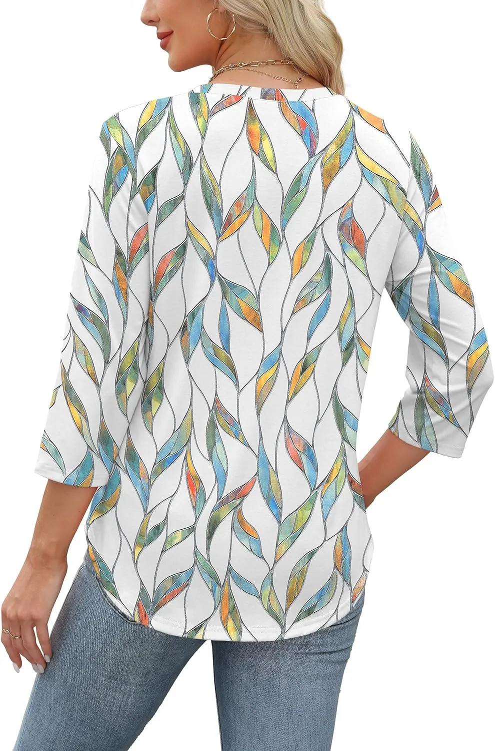 XIEERDUO Women's 3/4 Length Sleeve Tops Dressy Casual Blouses Crewneck T-Shirts Loose Curved Hem Tunic S-3XL