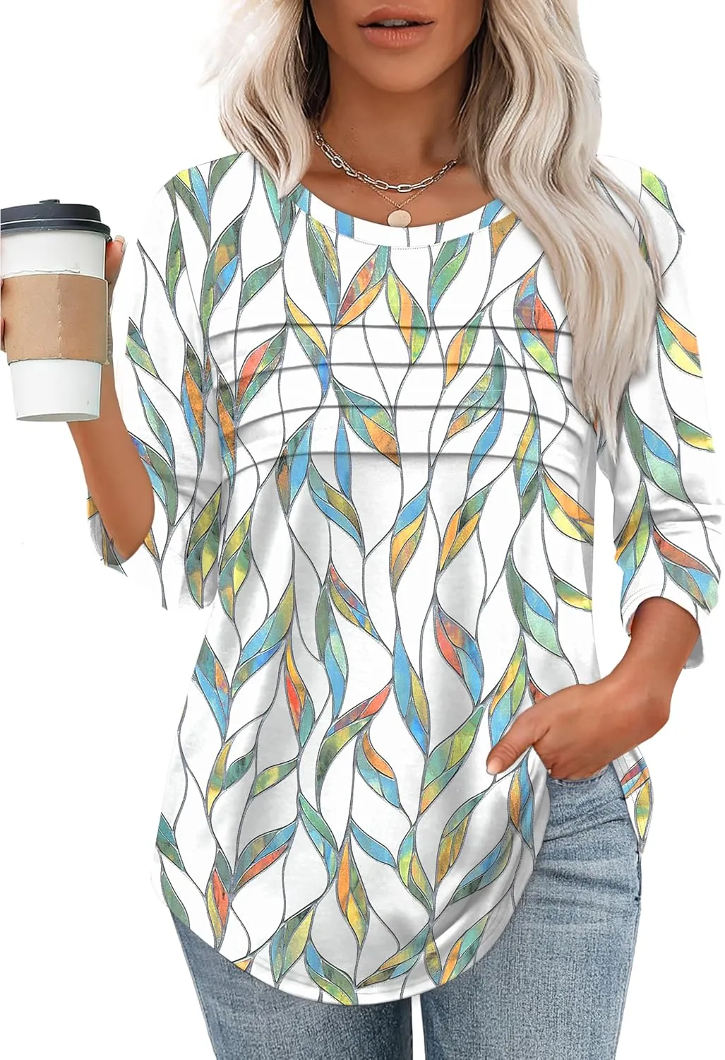 XIEERDUO Women's 3/4 Length Sleeve Tops Dressy Casual Blouses Crewneck T-Shirts Loose Curved Hem Tunic S-3XL