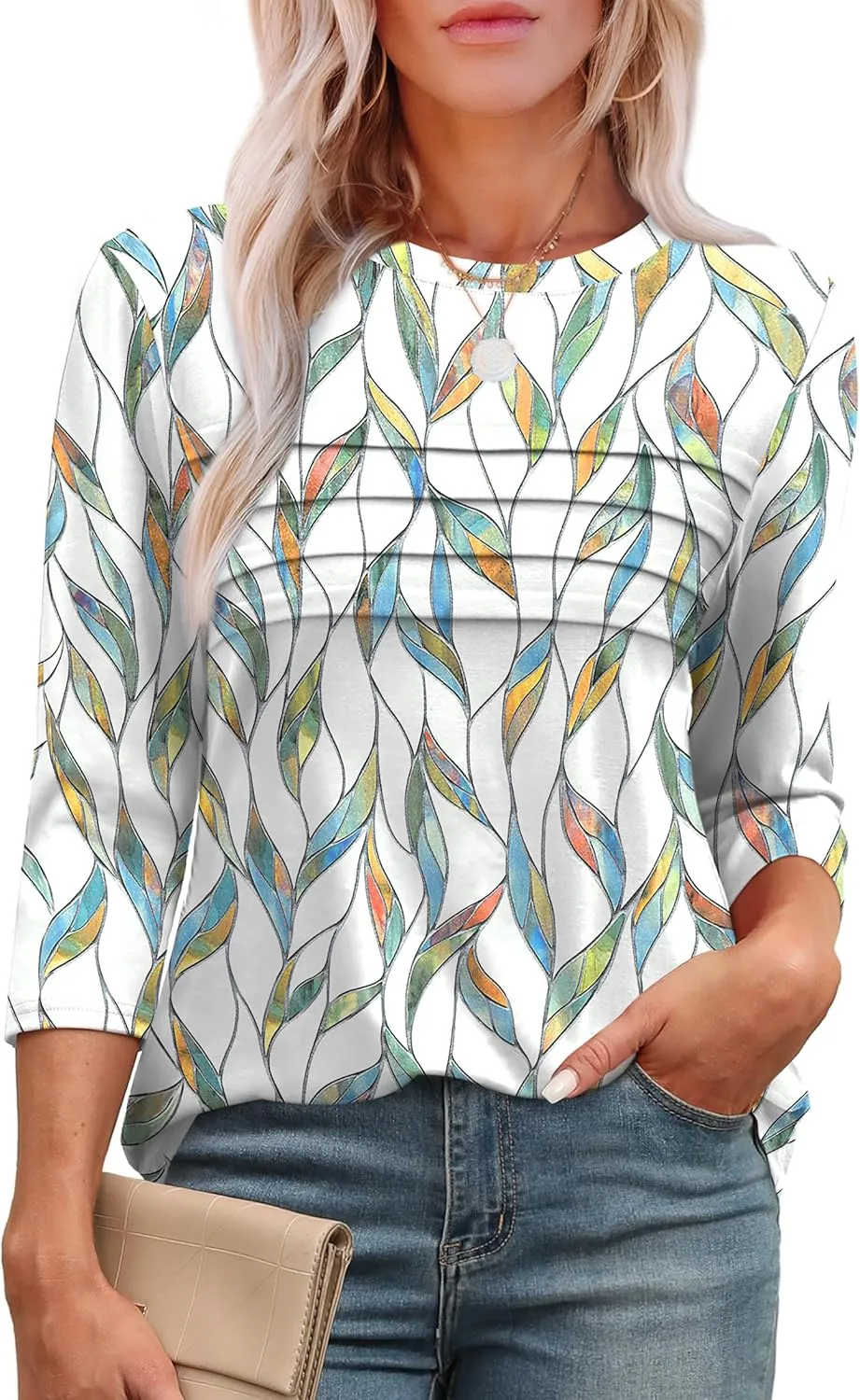 XIEERDUO Women's 3/4 Length Sleeve Tops Dressy Casual Blouses Crewneck T-Shirts Loose Curved Hem Tunic S-3XL