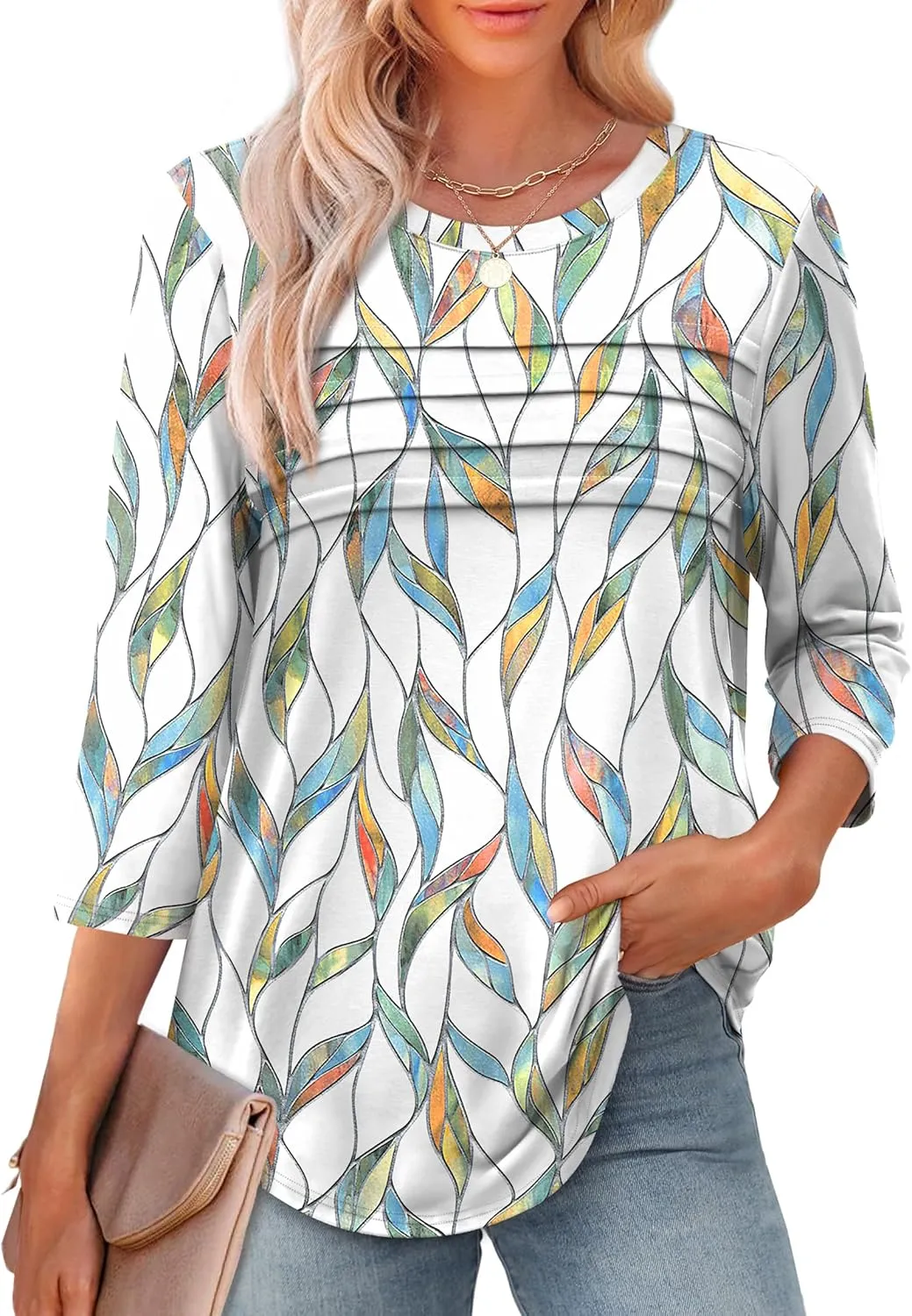 XIEERDUO Women's 3/4 Length Sleeve Tops Dressy Casual Blouses Crewneck T-Shirts Loose Curved Hem Tunic S-3XL
