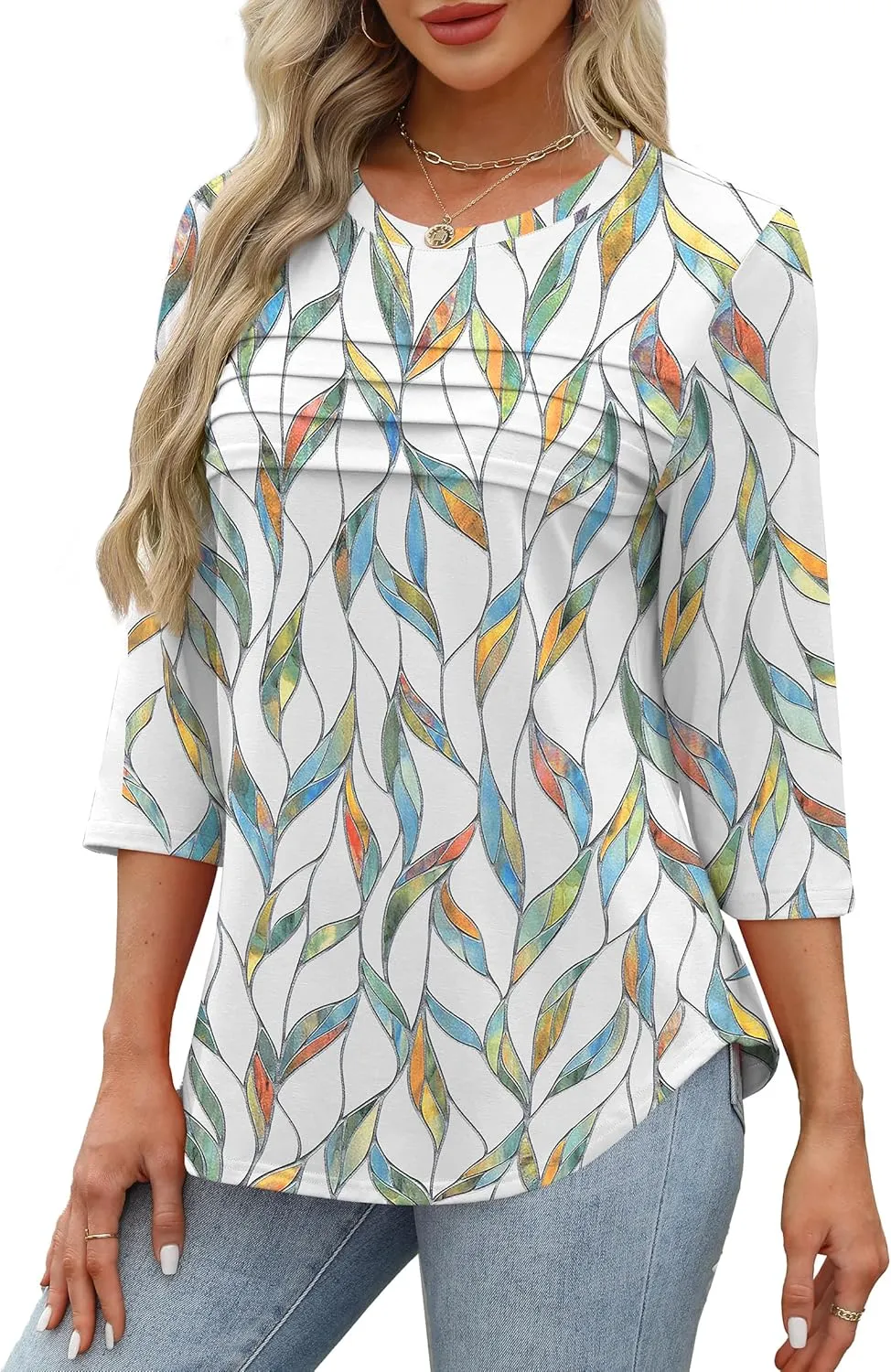 XIEERDUO Women's 3/4 Length Sleeve Tops Dressy Casual Blouses Crewneck T-Shirts Loose Curved Hem Tunic S-3XL