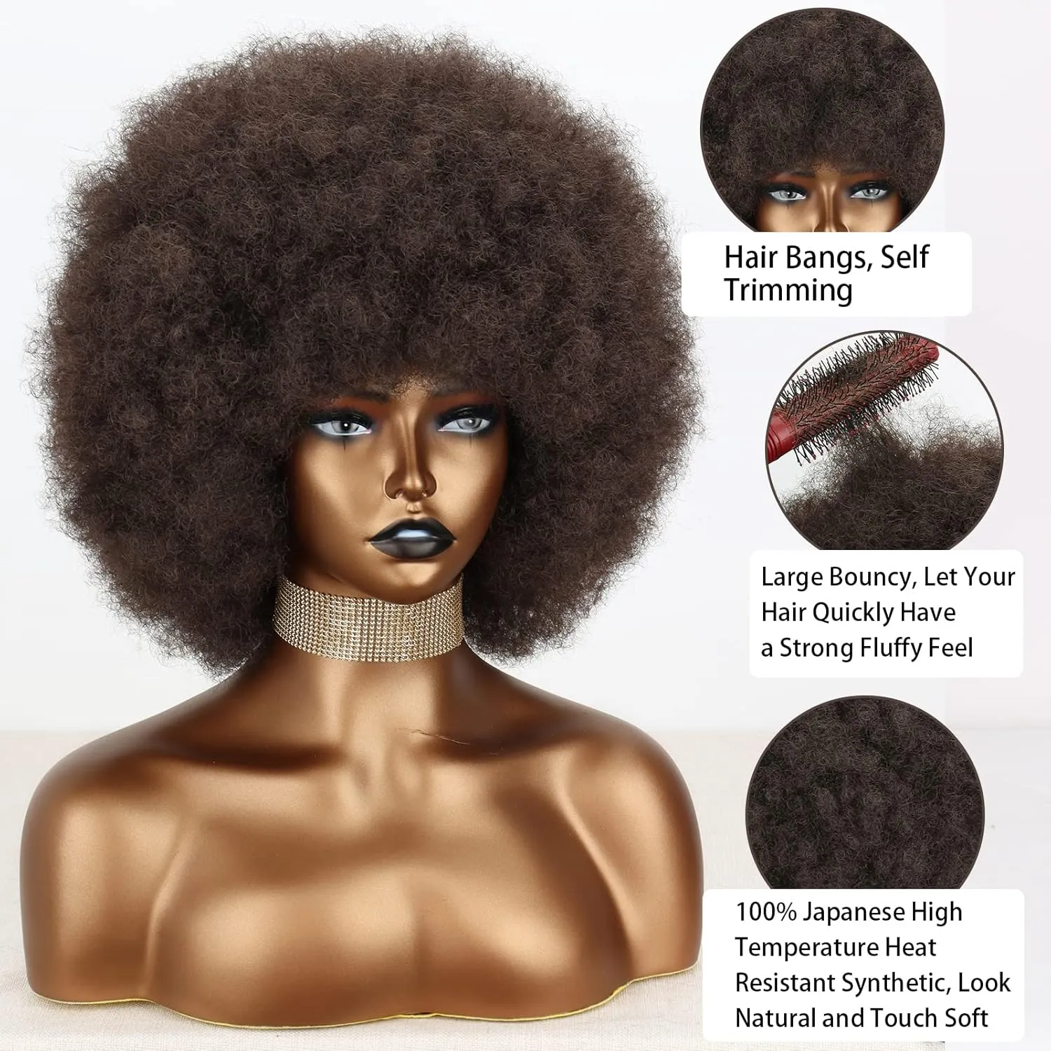 Xinran 8 inches 70s Afro Wigs for Black Women,Short Afro Kinky Curly Wig,Dark Brown Women Full Afro Kinky Wigs for Women