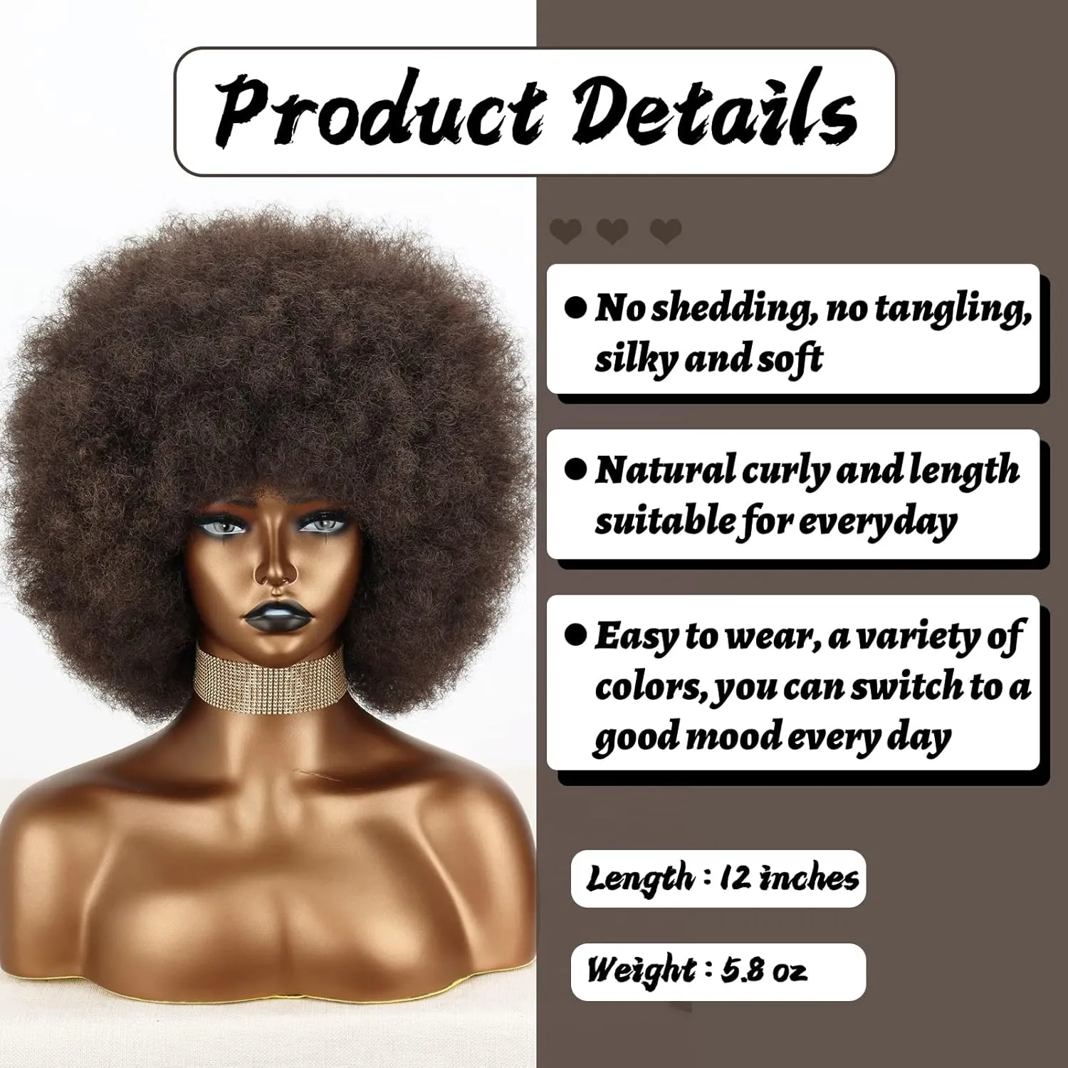 Xinran 8 inches 70s Afro Wigs for Black Women,Short Afro Kinky Curly Wig,Dark Brown Women Full Afro Kinky Wigs for Women