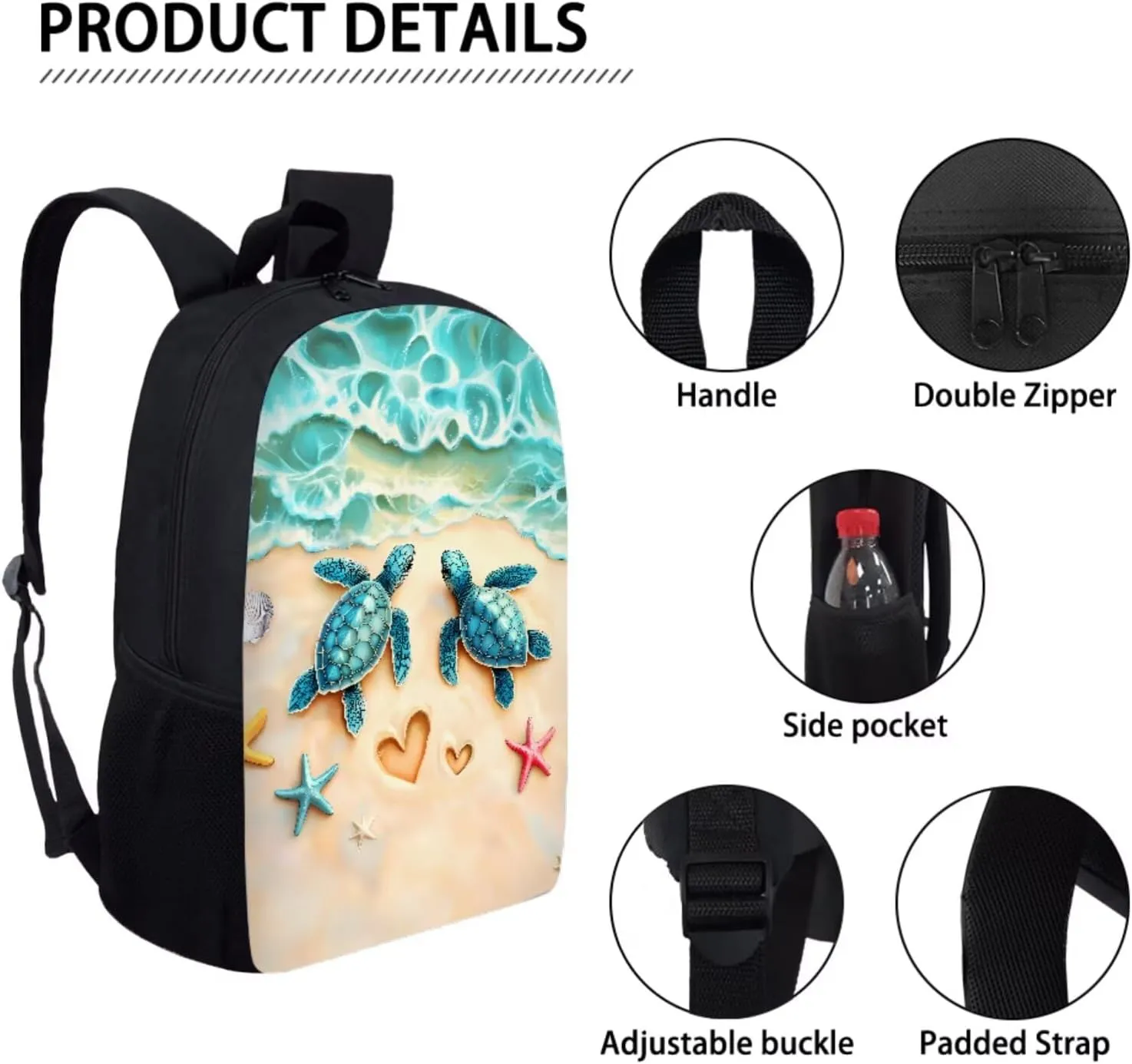 Xoenoiee Beach Turtle Starfish Pattern 3 Pcs Kids BookBag Lunch Box Pencil Bag for Primary/Middle School Bag Backpack Set for Boys Girls