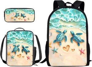 Xoenoiee Beach Turtle Starfish Pattern 3 Pcs Kids BookBag Lunch Box Pencil Bag for Primary/Middle School Bag Backpack Set for Boys Girls