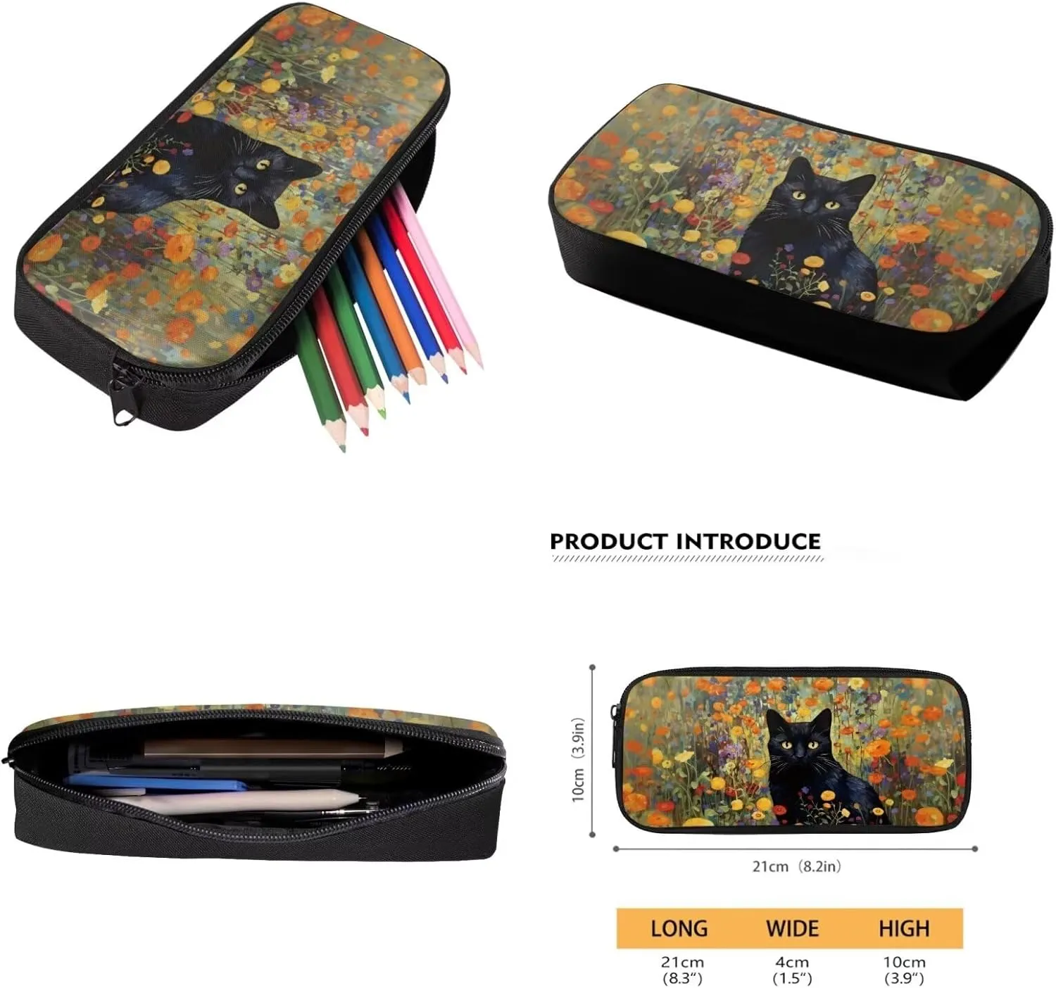 Xoenoiee Black Cat Floral Print School Backpack Set 3 Pieces Lightweight Teen Girls Boys Bookbags Lunch Bag Pencil Bag Students Back to School Gift