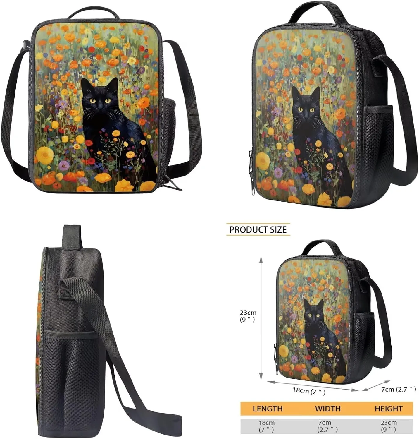 Xoenoiee Black Cat Floral Print School Backpack Set 3 Pieces Lightweight Teen Girls Boys Bookbags Lunch Bag Pencil Bag Students Back to School Gift
